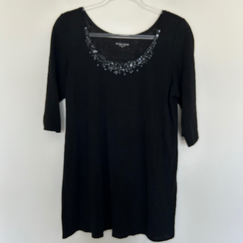 Eileen Fisher Tunic Black Medium 100% Linen Sequin Scoop Neck 3/4 Sleeve S0IZS-1